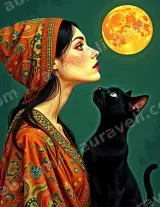Bohemian Woman & Black Cat Full Moon Canvas Wall Art for Home Decor wall art print