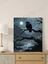 Raven on Bare Tree Moonlit River Canvas Wall Art for Home Decor – view 4
