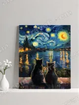 Cats Van Gogh - Style Starry Night Lake Canvas Wall Art for Home Decor – вид 3