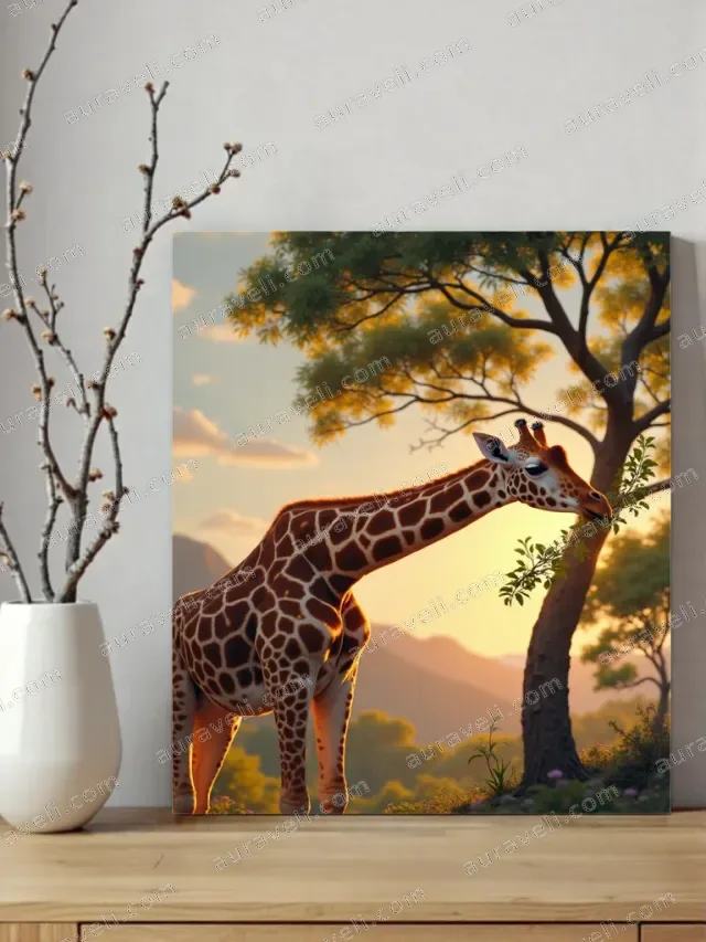 Giraffe Eating Leaves Canvas Wall Art Sunset Safari Home Decor — art print