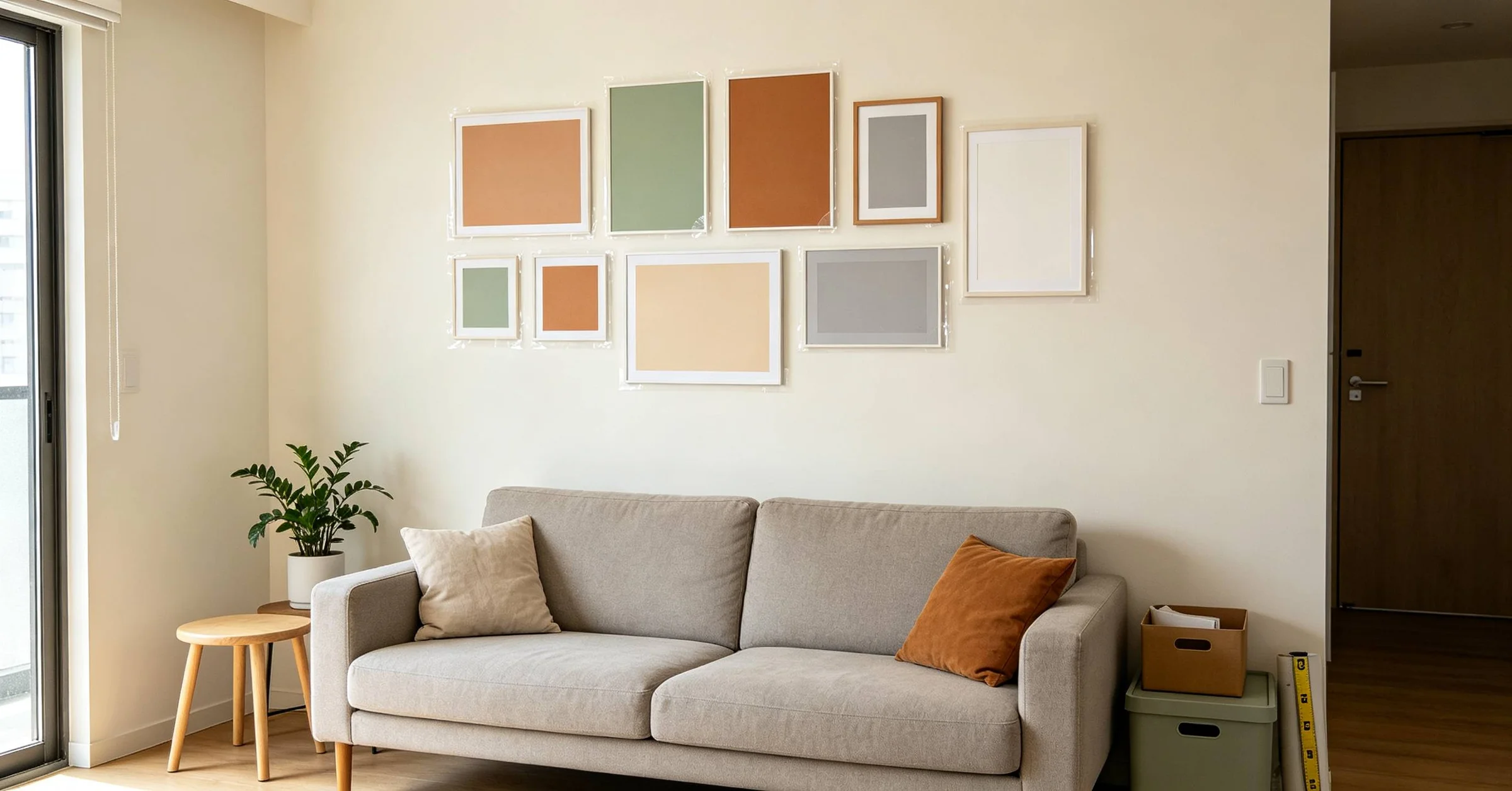 Renter-friendly no-damage gallery wall behind sofa, lightweight unframed art