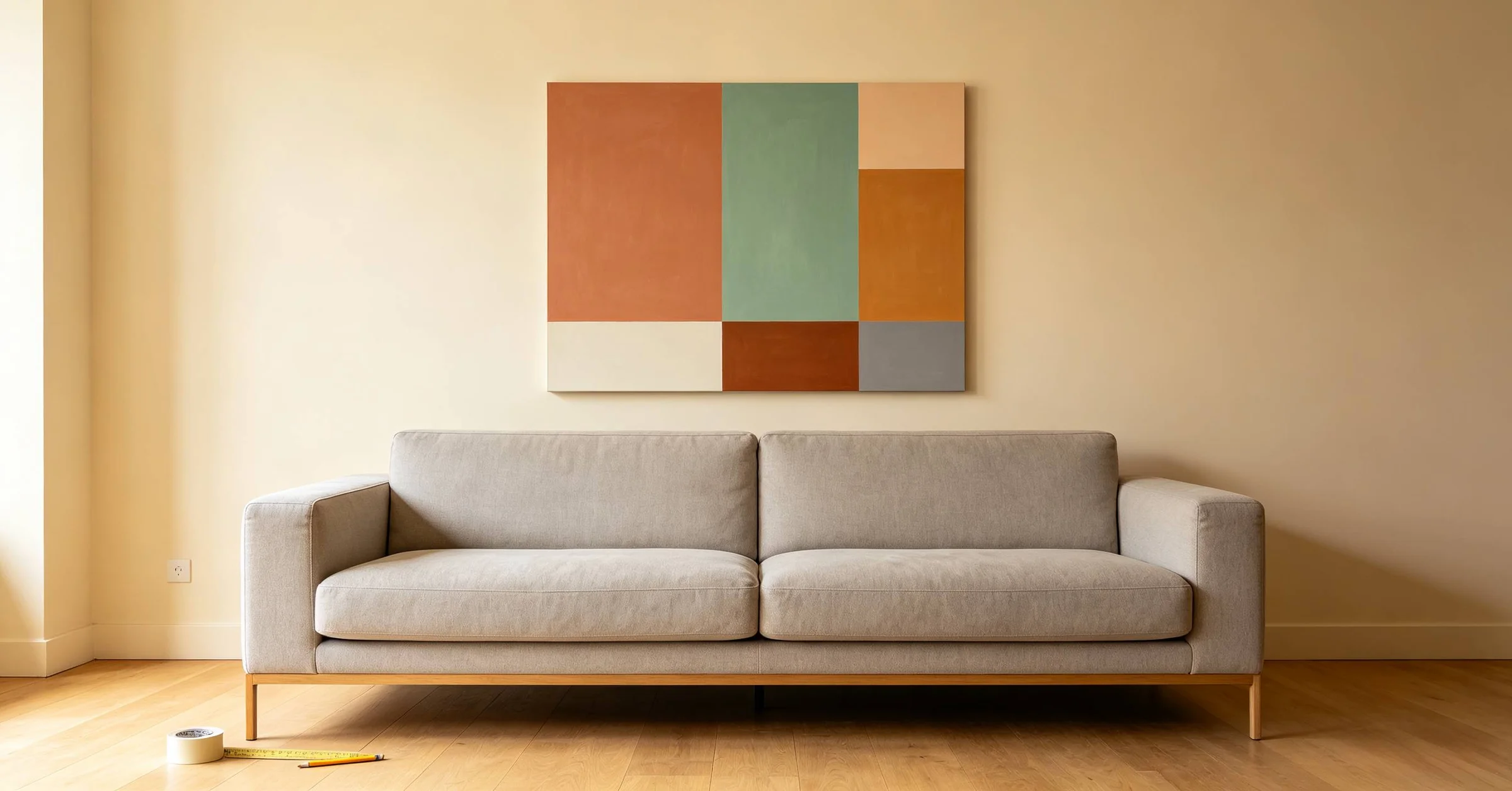 Single large minimalist wall art above sofa, correct size and height guide