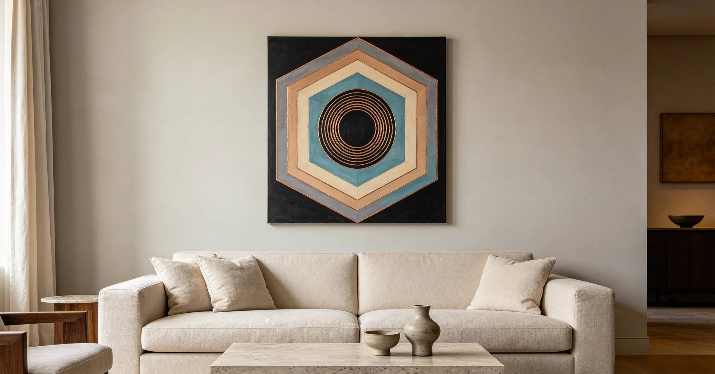 <p>concentric circle geometric canvas above sofa, hotel style wall decor</p>