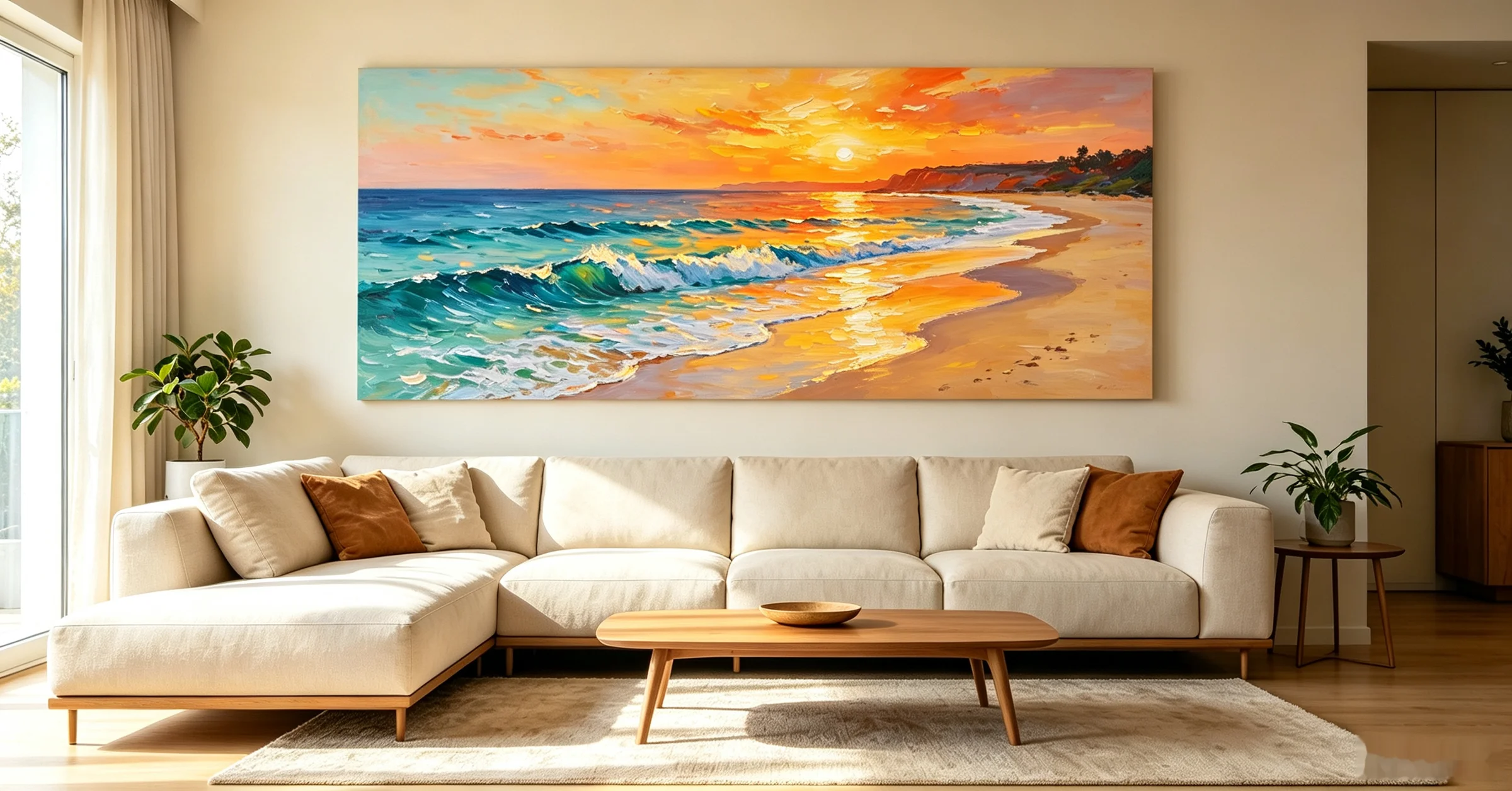 <p>matte canvas above sofa, realistic size colorful coastal abstract wall art</p>